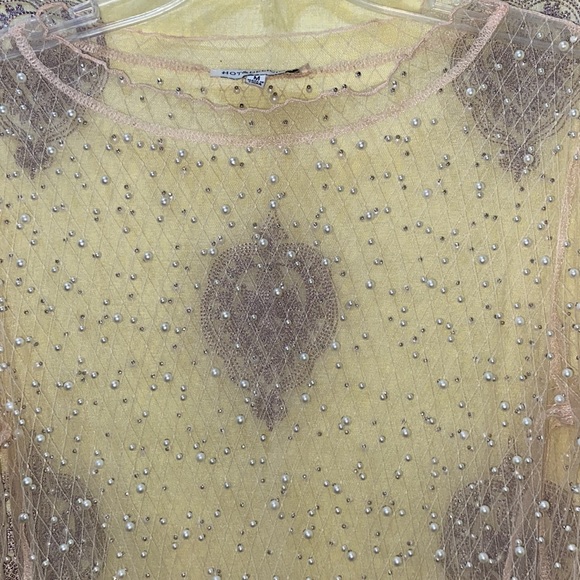 HOT & DELICIOUS LONG SLV BEIGE FLESH TONE PEARL DIAMOND-NET BODYSUIT SZ M - Picture 4 of 9